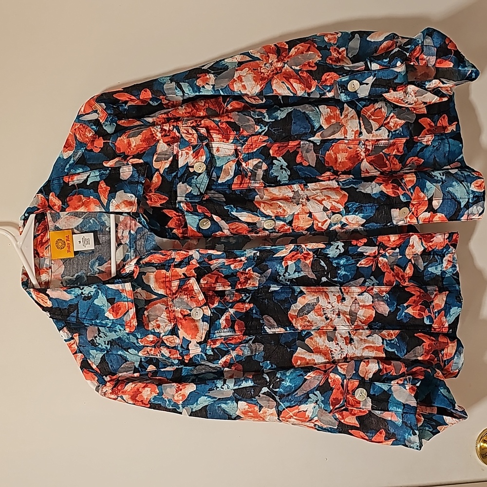 Ruby Rd. Light Button Down Shirt Floral Burnout Pattern Size 14 Blue and Red